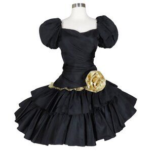 Vintage 80s Black Metallic Gold Lamé Ruffle Tiered Full Skirt Prom Party Dress M
